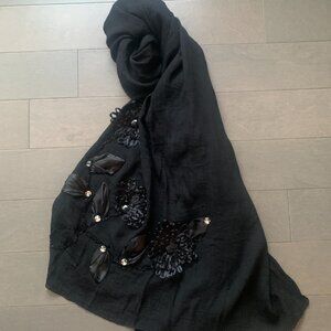 Black Lightweight Scarf With Floral Appliques & Embellishments
